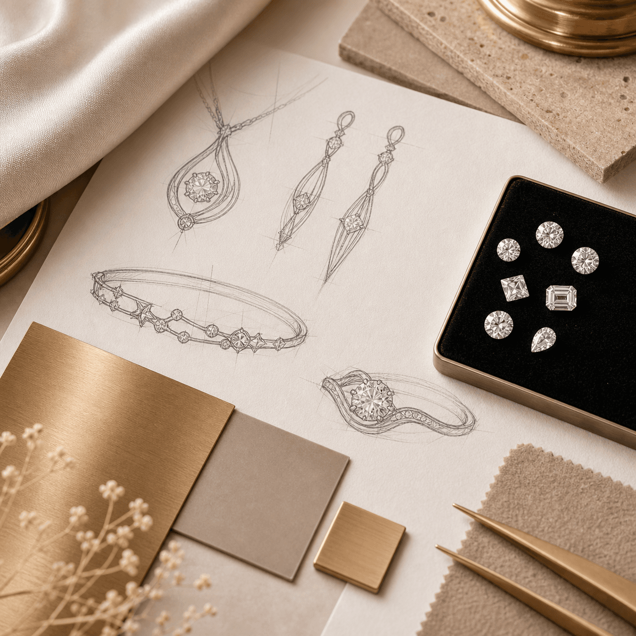 Jewelry design sketches, loose diamonds, and metal swatches