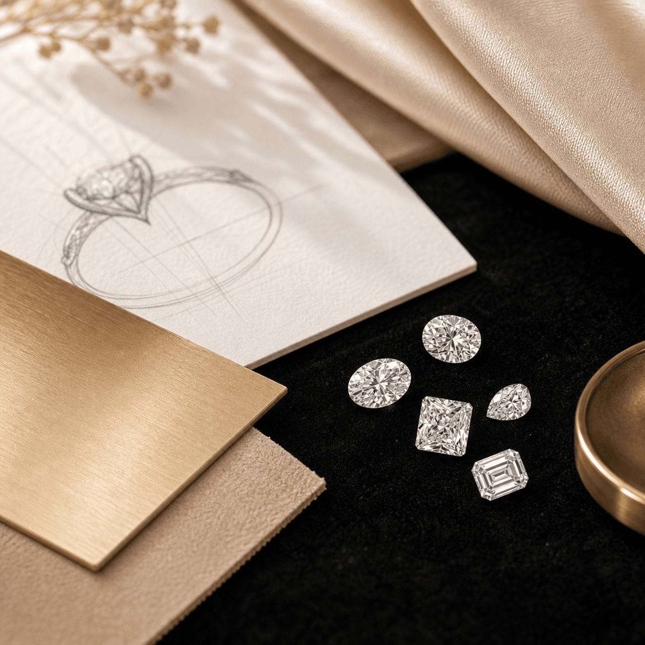 Loose lab-grown diamonds and refined material swatches