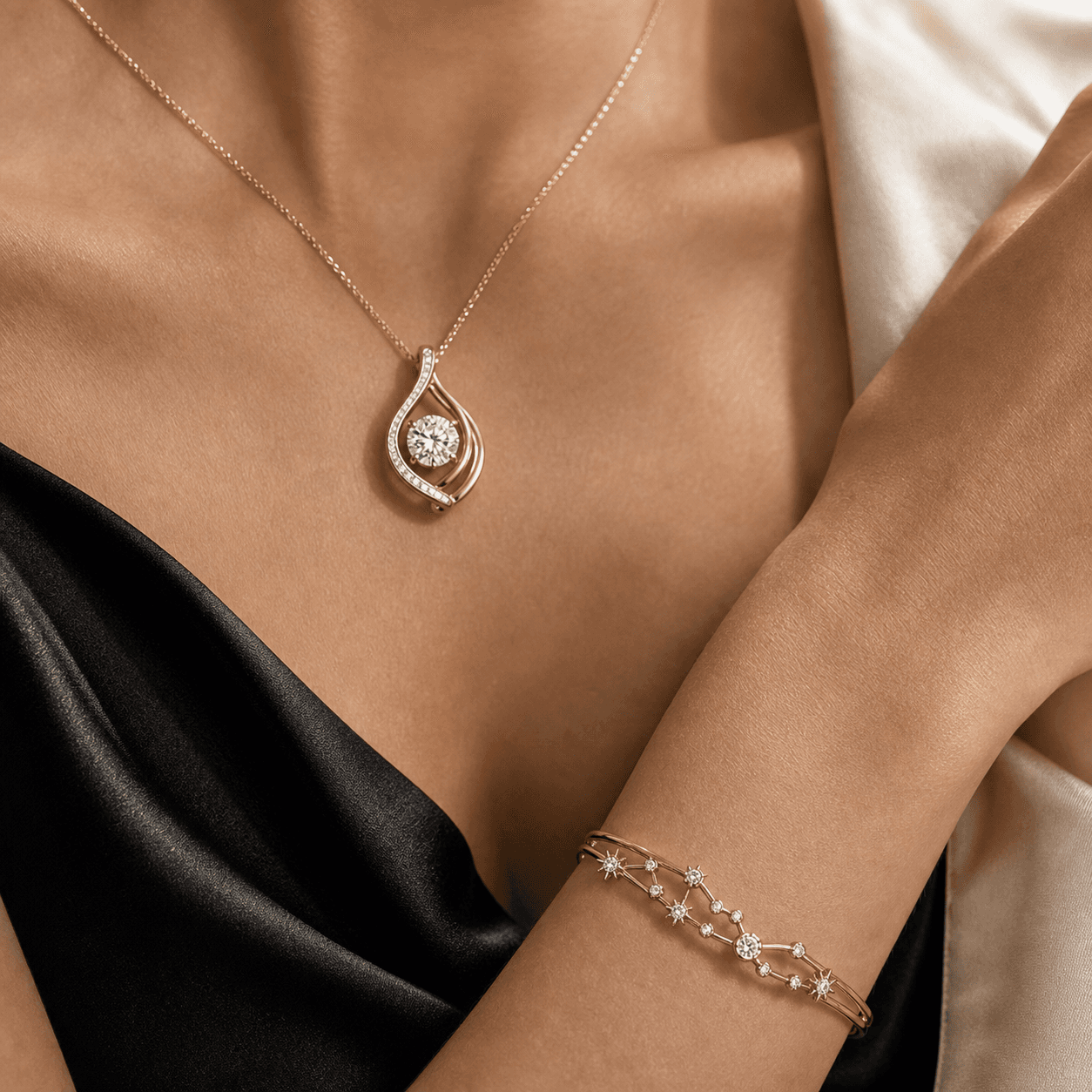 Custom lab-grown diamond necklace and bracelet worn with silk