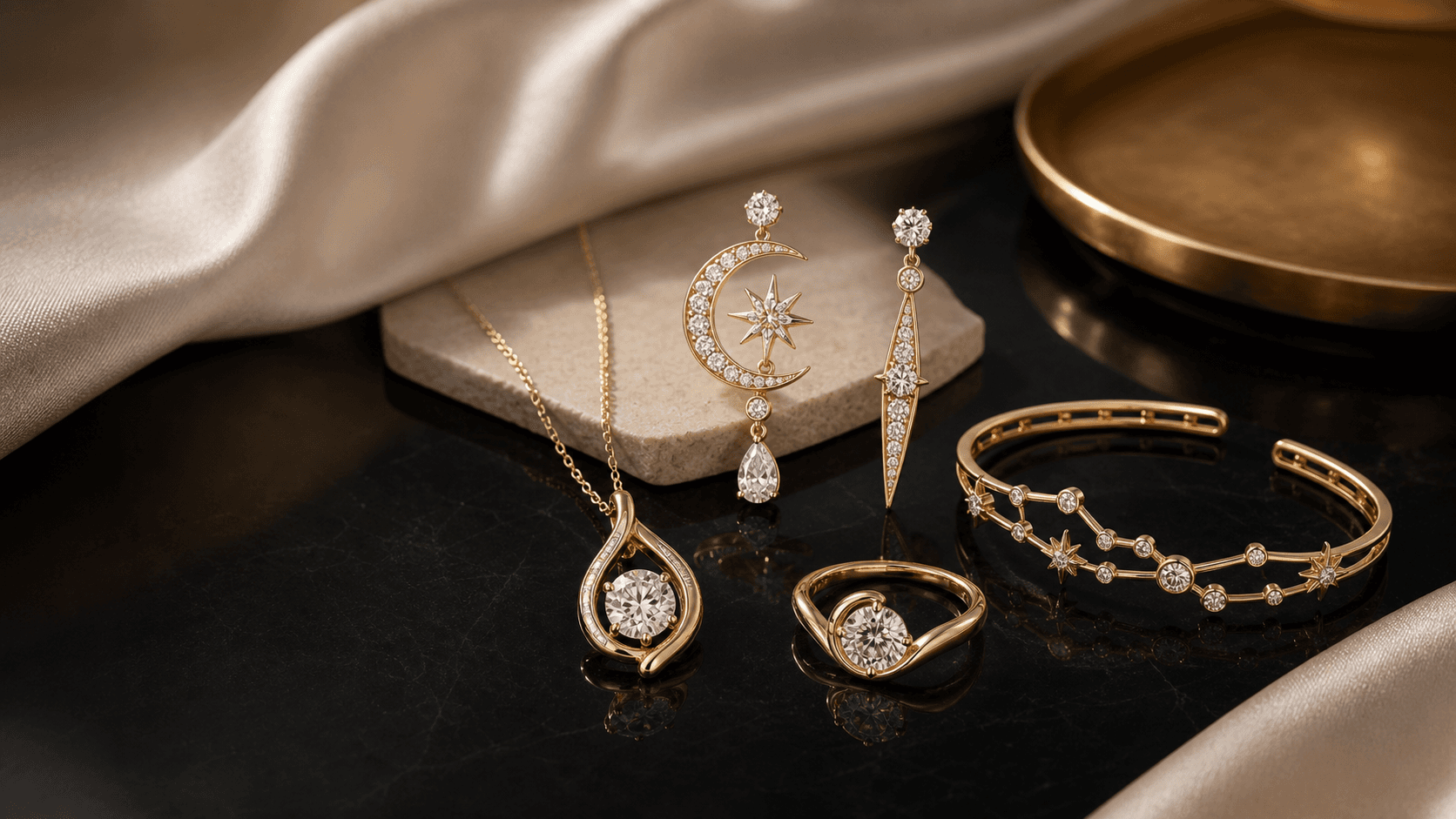 Custom lab-grown diamond jewelry suite on black lacquer and ivory silk